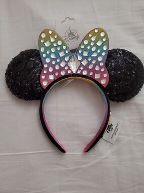 Disney Mickey Minnie Ears Headband Jeweled Rainbow Bow Disneyland 70th
